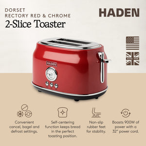 Haden Dorset 2 Slice Wide Slot Stainless Steel Toaster, Rectory Red - TRAPSKI
