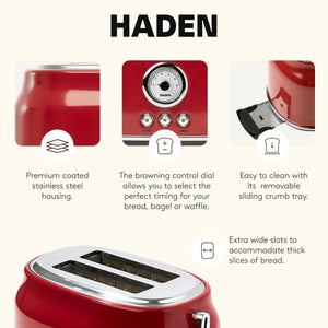 Haden Dorset 2 Slice Wide Slot Stainless Steel Toaster, Rectory Red - TRAPSKI