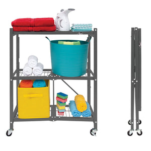 Origami R3 General Purpose Foldable 3-Tiered Shelf Storage Rack & Wheels, Pewter
