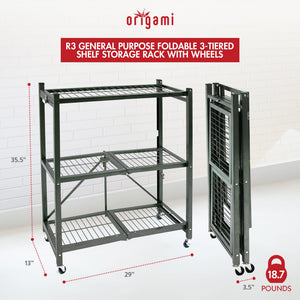Origami R3 Foldable 3-Tiered Shelf Storage Rack & Wheels, Pewter (6 Pack)