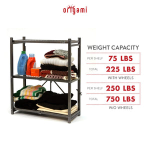 Origami R3 General Purpose Foldable 3-Tiered Shelf Storage Rack & Wheels, Pewter - TRAPSKI