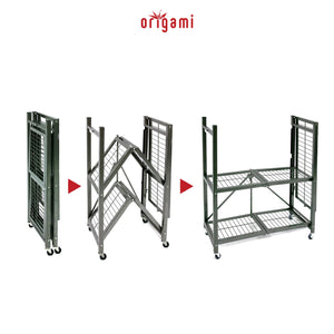 Origami R3 General Purpose Foldable 3-Tiered Shelf Storage Rack & Wheels, Pewter