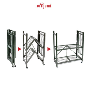 Origami R3 Foldable 3-Tiered Shelf Storage Rack & Wheels, Pewter (4 Pack)