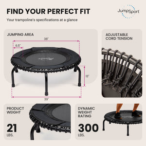 JumpSport 370 PRO Indoor Heavy Duty Lightweight 39 In Fitness Trampoline, Black