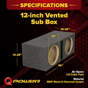 QPower QBASS Dual 12 Inch Heavy Duty Car Audio Subwoofer Enclosure Box, Charcoal