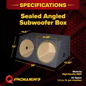 QPower QSMBASS12 Dual 12" Inch Sealed Angled Subwoofer Sub Box Speaker Enclosure
