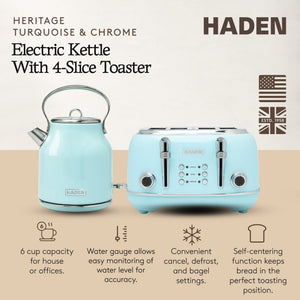 Haden Heritage 4 Slice Wide Slot Toaster & Electric Kettle, Turquoise & Chrome