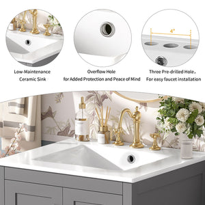 Bathroom Vanity With Integrated Undermount Ceramic Sink, 2 Doors And 1 Drawer, Soft Close Hinges