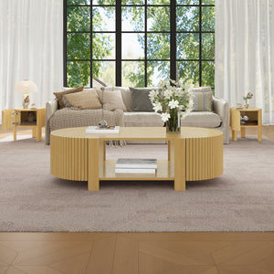 Oval Fluted Coffee Table with Storage for Living Room
