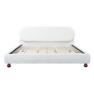 Cream-Colored Boucle Upholstered Bed with Rubber Wood Foot, King