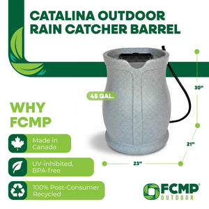 FCMP Outdoor Catalina 45 Gallon Water Outdoor Rain Catcher Barrel, Light Granite - TRAPSKI