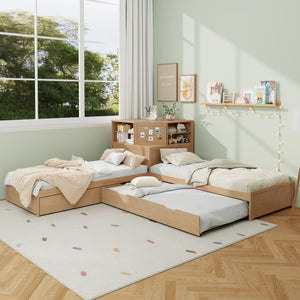 L-Shaped Bed Frame With Trundle, Built In Desk & LED Lighting