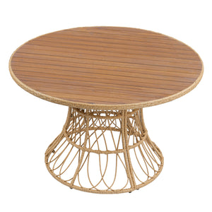 5-Piece Outdoor Dining Set: Teak Finish Round Acacia Wood Table & 4 Wicker Armchairs