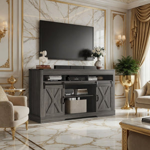 Farmhouse TV Stand With Sliding Barn Doors & Adjustable Storage