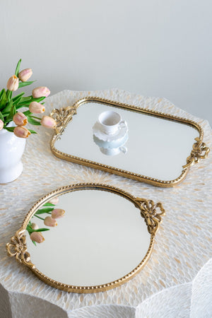 Ornate Gold Accent Tray with Mirrored Surface