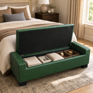 Green Storage Ottoman Bench, PU Upholstered Footrest with Solid Wood Legs
