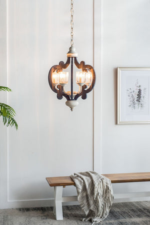 Wood Chandelier 6 Light Farmhouse Pendant Lighting Cream