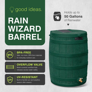 Good Ideas Rain Wizard Water Storage 50 Gal Capacity Collection Barrel, Green