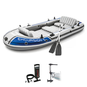 Intex Excursion 5 Inflatable Fishing Boat Set with Transom Mount Trolling Motor