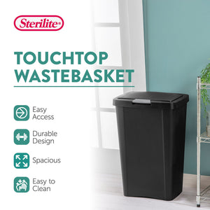 Sterilite 13 Gallon TouchTop Wastebasket with Titanium Latch, Black (8 Pack)