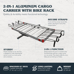 Tow Tuff TTF-2762ACBR Heavy Duty 2-in-1 Aluminum Cargo Carrier with Bike Rack