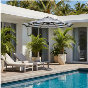 Patio Umbrella With Crank Lift & Push Button Tilt Frame, 200G / Sqm Solution Dyed Canopy - Blue Multi / Brown