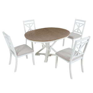 Dining Set With Extendable Round Table And 4 Upholstered Chairs