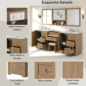 Double Sink Bathroom Vanity With Countertop, 2 Ceramic Sinks, 6 Drawers