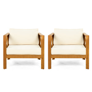 Outdoor Acacia Wood Club Wooden Armchair with Cushions (Set of 2)