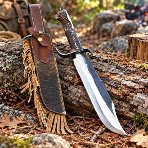Handmade High Carbon Steel Bowie Knife with Stag Horn Handle and Leather Sheath