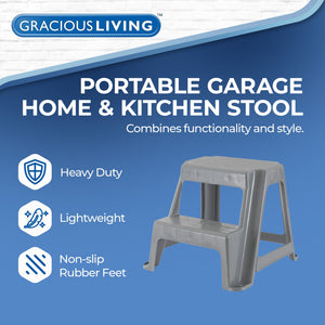 Gracious Living 16" Plastic 2 Step Portable Garage Home & Kitchen Stool, Gray