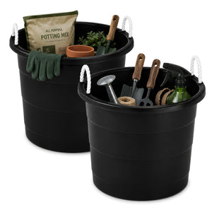 Homz 17 Gal Plastic Open Storage Round Utility Tub with Handles, Black (2 Pack)