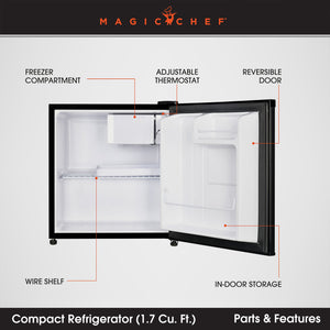 Magic Chef MCR170BE Mini Refrigerator with Freezer Shelf, 1.7 Cubic Feet, Black