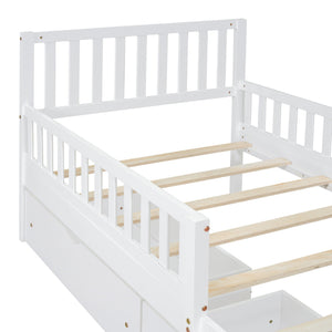 Platform Bed With Guardrails On Both Sides And 2 Storage Drawers