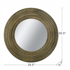 29.5" Round Gold and Black Wooden Accent Mirror with Woven Texture