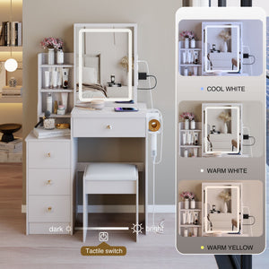 Cabinet Vanity Table & Cushioned Stool, USB Power Station, Hair Dryer Bracket - White