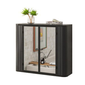 Black Wall-Mounted Bathroom Cabinet with Mirror, 2 Mirrored Doors & Open Shelf