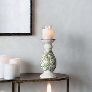D4.7x10' White Ceramic Candle Holder with Green Floral Patterns, Small