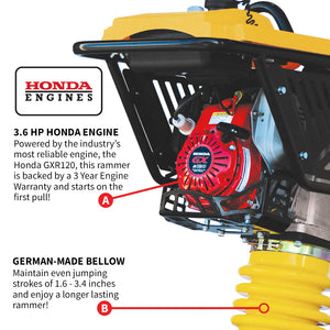3.6HP Honda Vibratory Rammer Jumping Jack Tamper with Honda GXR120 Engine Impact Force 3,550 lbs/ft - TRAPSKI