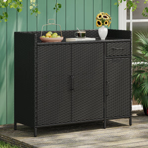 K&K 47.5"W Wicker Outdoor Storage Cabinet with Tempered Glass Top