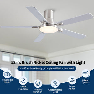 Flush Mount Ceiling Fans With LED Light And Remote Control, 5 Blades