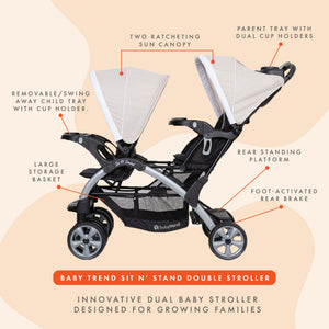 Baby Trend Sit N' Stand Easy Fold Travel Toddler & Baby Double Stroller, Khaki