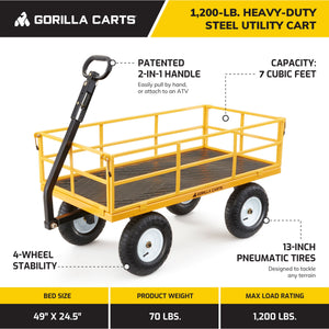 Gorilla Carts Steel Utility Cart, 7 Cu Ft Garden Wagon w/Removable Sides, Yellow