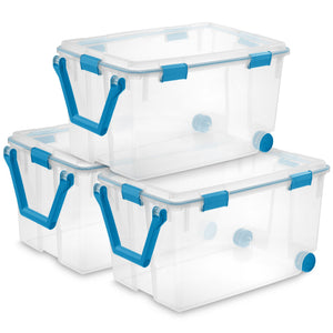 Sterilite 120 Qt Wheeled Gasket Box Stackable Storage Bin with Latch Lid, 3 Pack