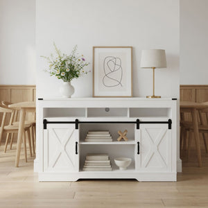 Farmhouse TV Stand With Sliding Barn Doors & Adjustable Storage