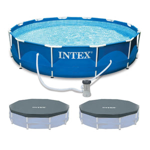 INTEX 12'x30" Metal Frame Swimming Pool with Filter Pump & Pool Cover (2-Pack)