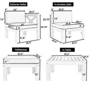 TOPMAX Outdoor 5-Piece Wood Sectional Patio Sofa Set with Blue Cushions