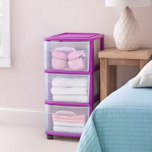 Homz Plastic 3 Drawer Medium Storage Container Tower, Clear Drawers/Purple Frame