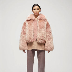 Women’s Pink Shearling Short Fox Fur Leather Jacket