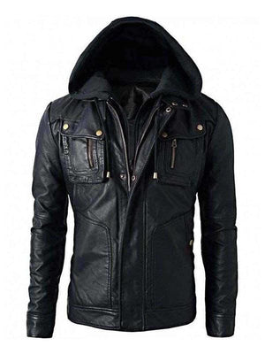 New Men’s Motorcycle Brando Style Biker Real Leather Detachable Hoodie Jacket – Black